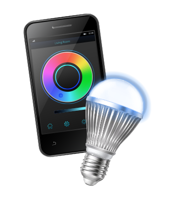 a smart lightbulb and a phone with a colour wheel on screen