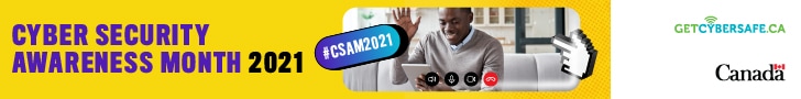 Person sitting on a couch waving at his tablet, with videoconference buttons below him. Text: Cyber Security Awareness Month 2021, #CSAM2021