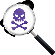 A magnifying glass hovering over a skull with crossbones