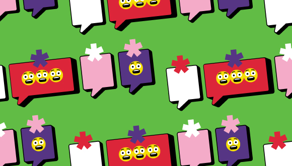 text bubbles with asterisks on top, looking like gifts, some with grimacing emojis