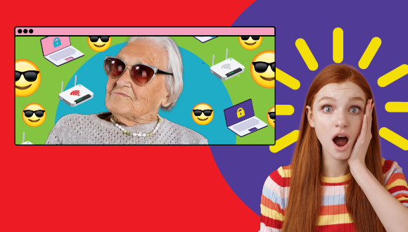 A child looks surprised, while a grandparent-aged adult in sunglasses looks satisfied in a box surrounded by tech images
