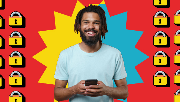 a smiling person holds a phone, with padlocks on either side