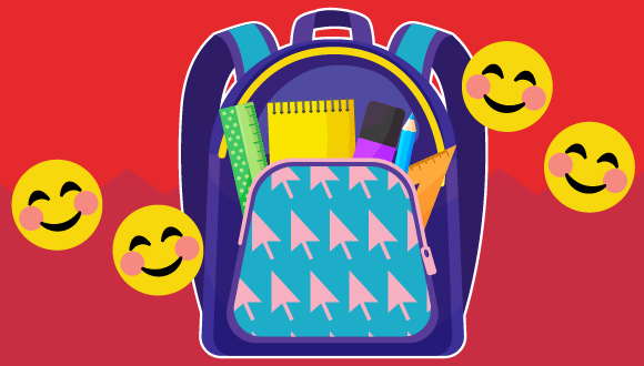 un sac à dos qui contient des fournitures scolaires, et des visages souriantes