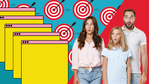 two adults and a child looking surprised, with open dialogue boxes, and a backdrop of arrows on bullseyes