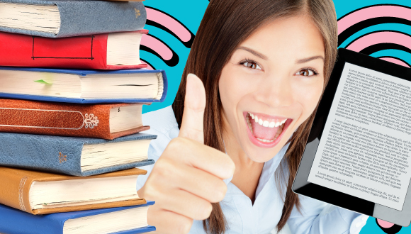 A person giving a thumbs up while holding an e-reader, with a stack of books next to them