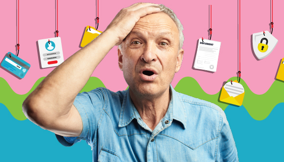 an older adult looks confused, while behind them are a credit card, a login window, a message envelope, a document and a shield with a padlock, all on fish hooks