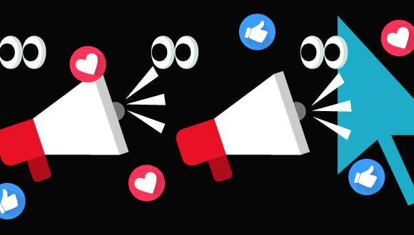 megaphones, with like and love notifications, eyeballs and cursors