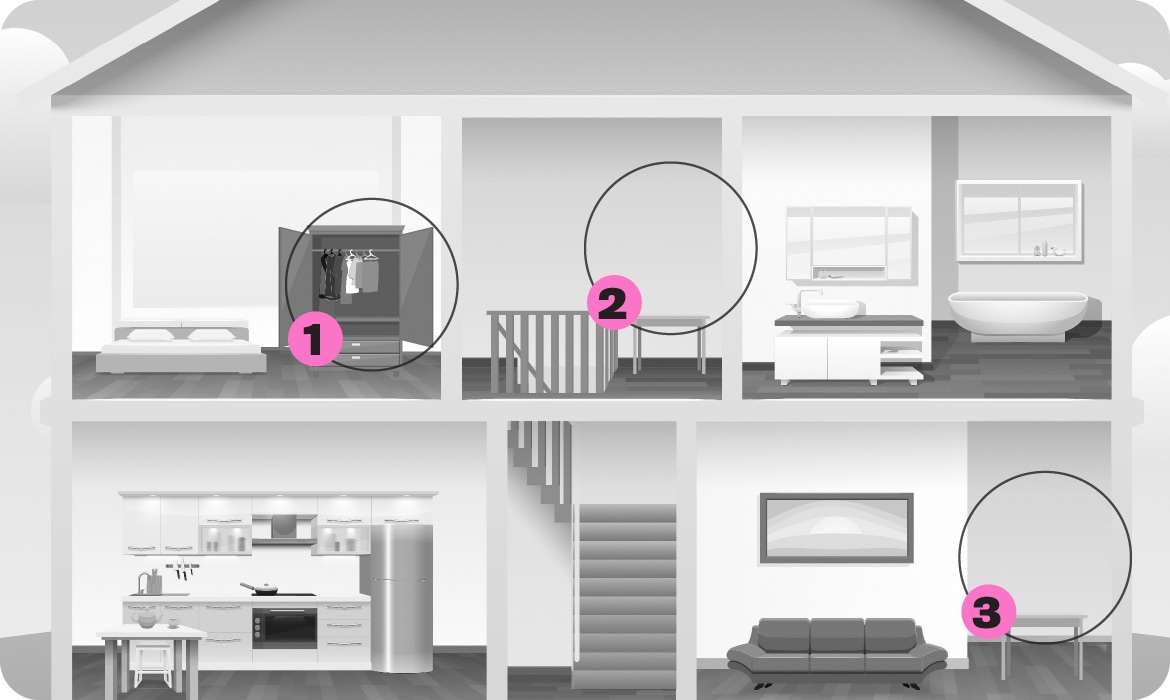 interior of a house with three locations circled; location 1: inside a closet, location 2, at the top of a stair landing, location 3, on a table by a window