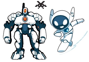 Viro and Cybot - Viro is a large, scary robot, and Cybot is a cute, friendly-looking robot