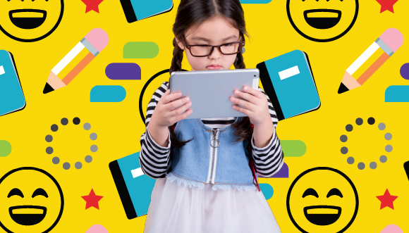 "a child looks at a tablet against a backdrop of smiley faces, dialogue bubbles, pencils, workbooks, update circles and stars"