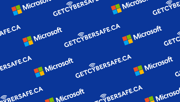 blue background, Microsoft logo; text: GetCyberSafe.ca, Microsoft