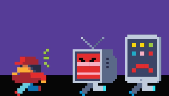 8-bit person running away from an angry-looking 8-bit monitor and an unhappy-looking 8-bit phone