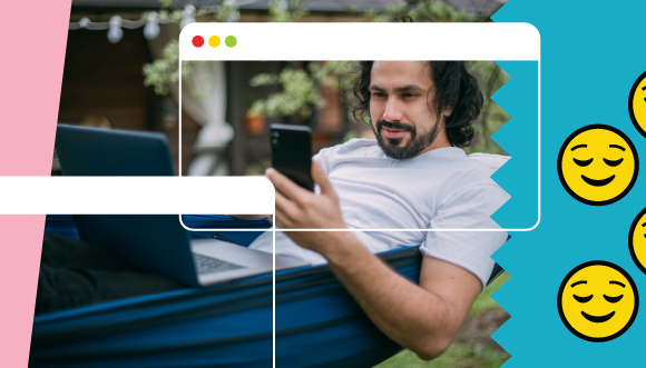 a person in a hammock with a laptop and a phone, and happy-face emojis