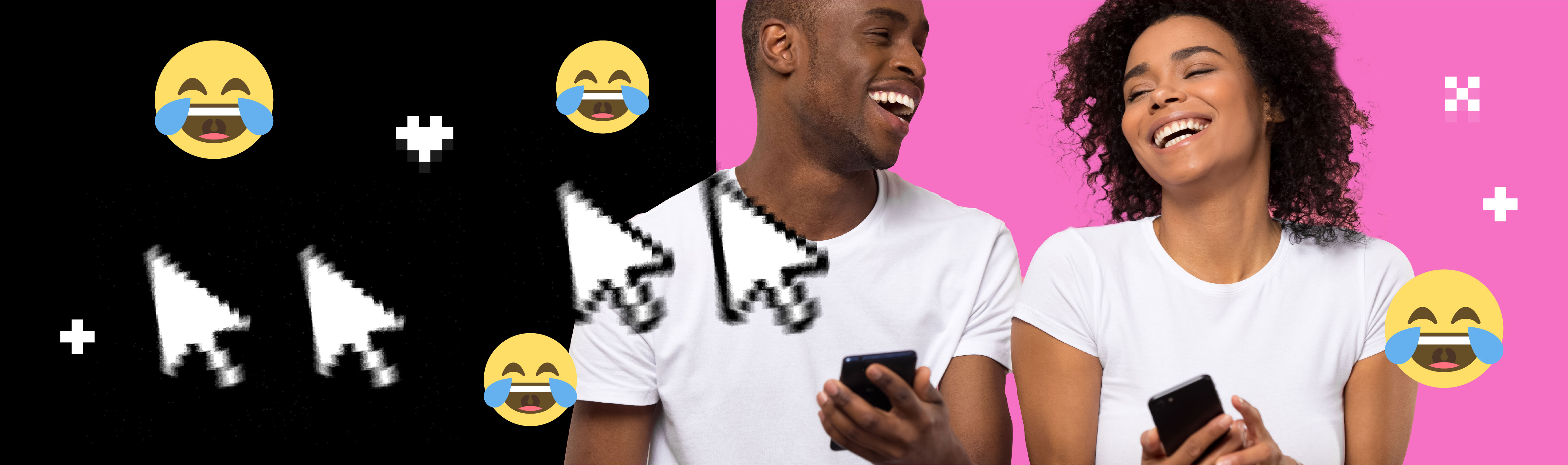 "deux personnes tenant des téléphones et riants, avec des emojis de visages riantes et des curseurs en forme de flèche"