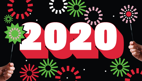 "update circles looking like fireworks and sparklers; text: 2020"