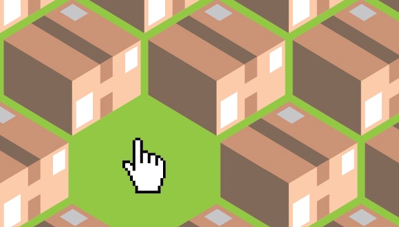 hand-shaped cursor in empty space between cardboard boxes