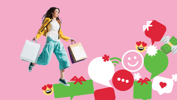 "a person carrying shopping bags, with emojis and chat bubbles that look like gifts and ornaments"