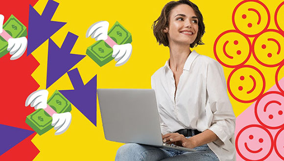 une personne avec un ordinateur portable tourne vers l'arrière, contre un arrière-plan avec des emojis de visages souriantes, des liasses d'argent avec des ailes, et des curseurs en forme de flèche