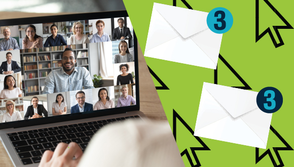 "a laptop screen with multiple users in a video call, with two envelopes marked with the number 3"