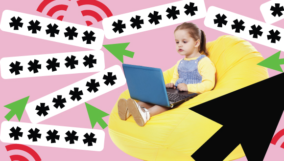 "un jeune enfant s'assis sur un pouf poire avec un ordinateur portable, avec en arrière-plan des mots de passe, des curseurs et des symboles Wi-Fi"