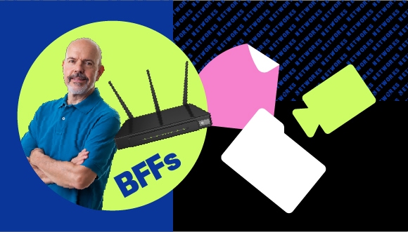 "a person with folded arms and a router behind him; text: BFFs"