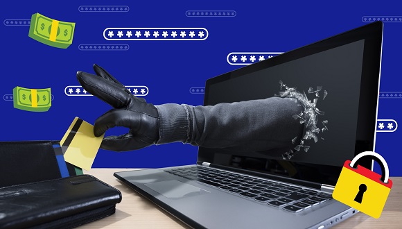 a hand reaching from a laptop screen into a wallet and removing a credit card, with passwords, wads of cash emojis and padlocks