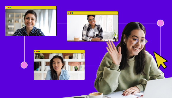 People smiling in dialogue windows, a person waving at her computer