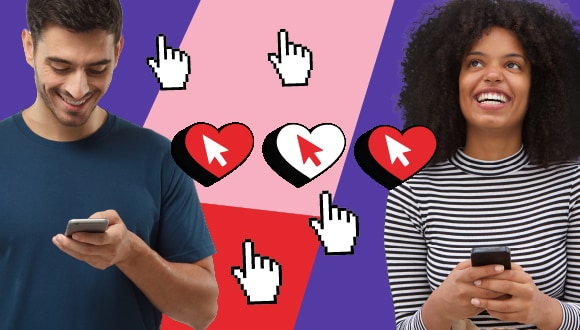 "two people with phones, with cursor hands and hearts with cursor arrows in them"