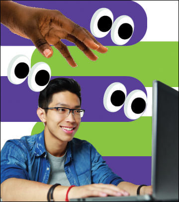 "a person at a laptop, with a hand hovering over him, and eyeball emojis"