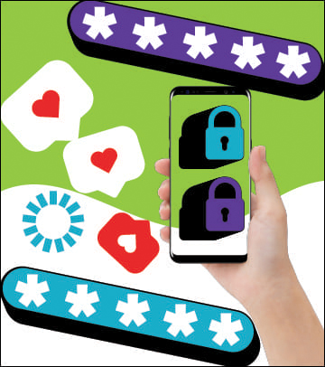a hand holds a phone with two padlocks on the screen against a background of passwords, heart notifications and an update circle
