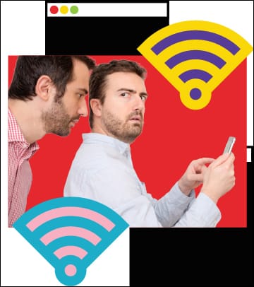 "une personne observe qu'une autre personne regarde son téléphone par-dessus son épaule, avec des symboles Wi-Fi"