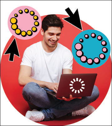 "a person sitting with a laptop, with update circles and cursor arrows"