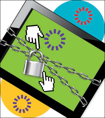 "une tablette enfermée d'une chaîne et cadenas, avec des curseurs en forme de main qui touchent le cadenas et des cercles de mises-à-jour"