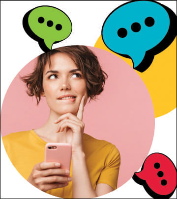 "a person holding a phone and looking puzzled, with dialogue bubbles"