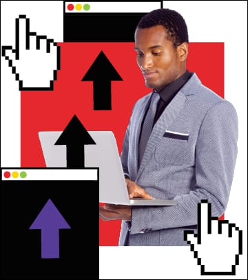 "une personne en complet qui tient un ordinateur portable, avec des flèches pointant an haut et un curseur en forme de main "