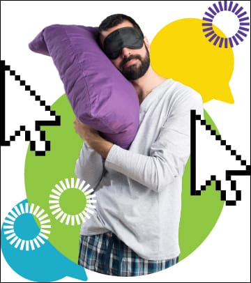 "a person with a sleep mask and pillow, with cursor arrows and update circles"